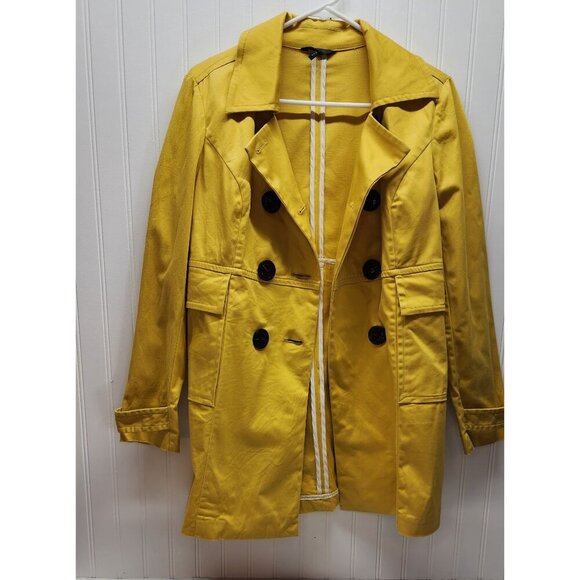 Yellow Double-Breasted Womens Trench Coat With Black Buttons & Pockets - Picture 9 of 16